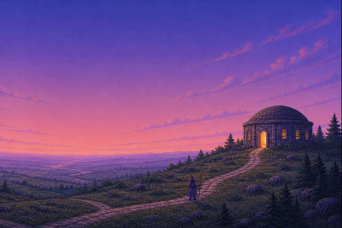 Pixel-art dusk hillside where several stone paths merge into one that climbs to a single round archive hall with warm lit windows