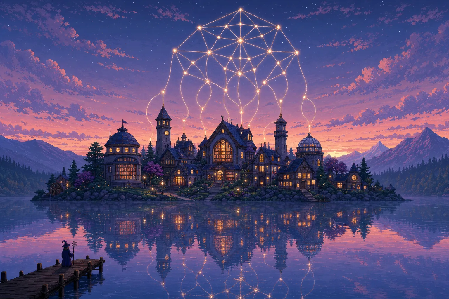 Pixel-art dusk scene of a lakeside village of libraries with threads of light rising from every building into one glowing constellation