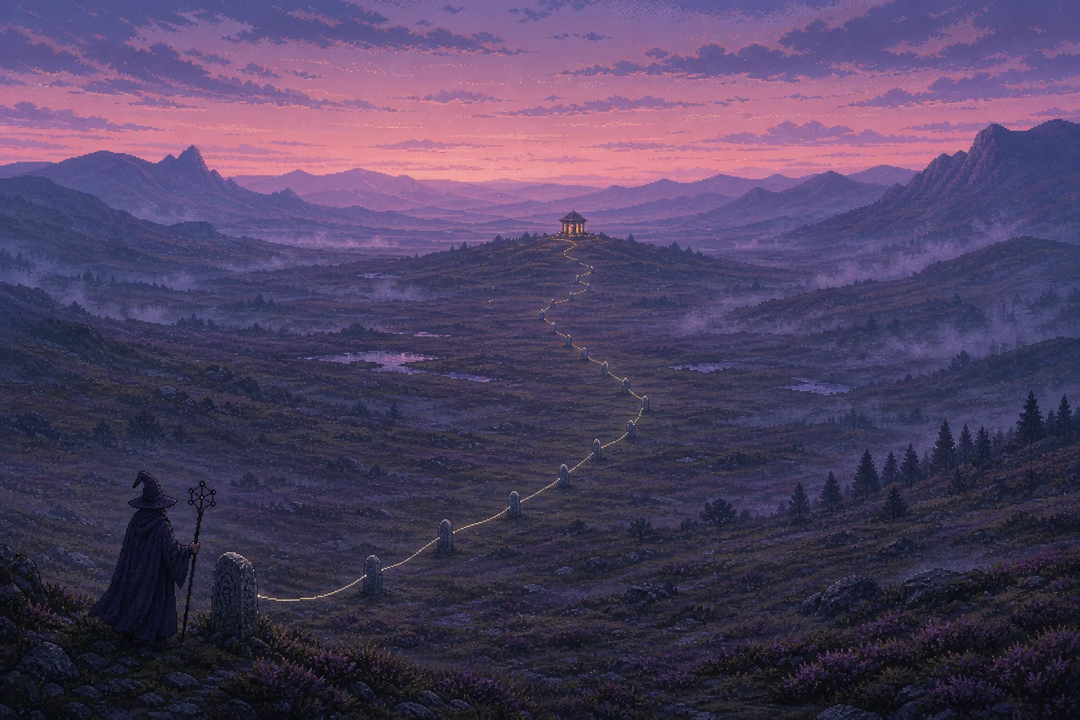 Pixel-art dusk moor with carved stone waypoints linked by a thread of light leading to a small lit reading pavilion