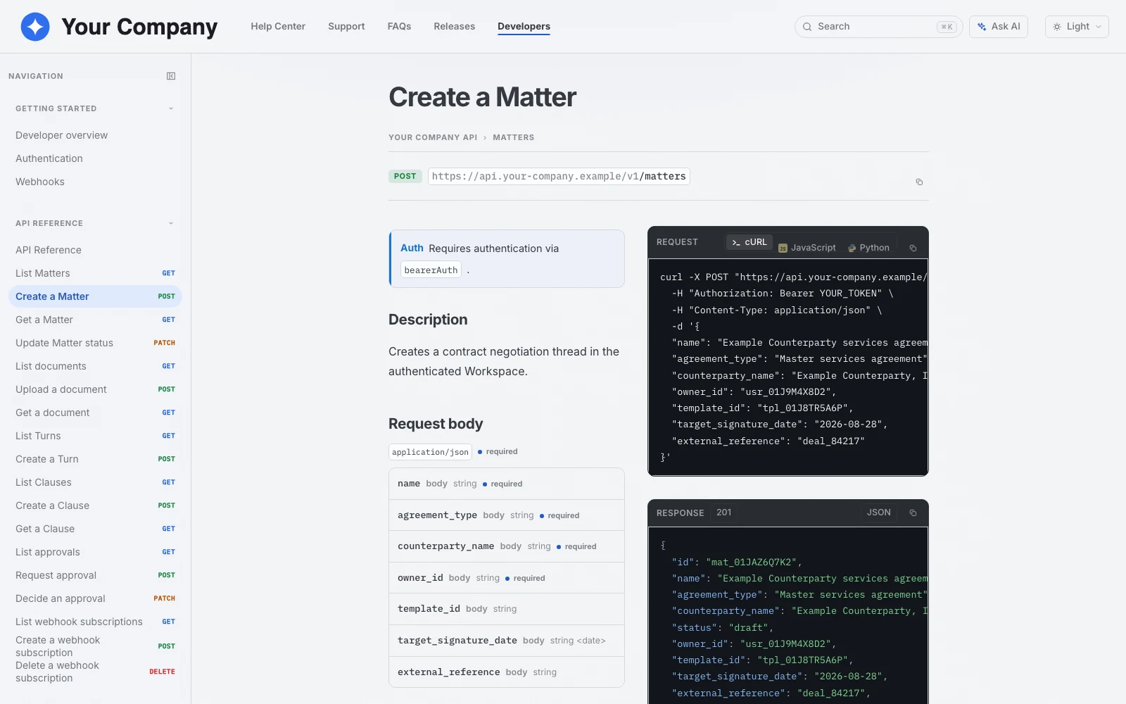 Your Company create-a-matter API reference page in GraphStaff